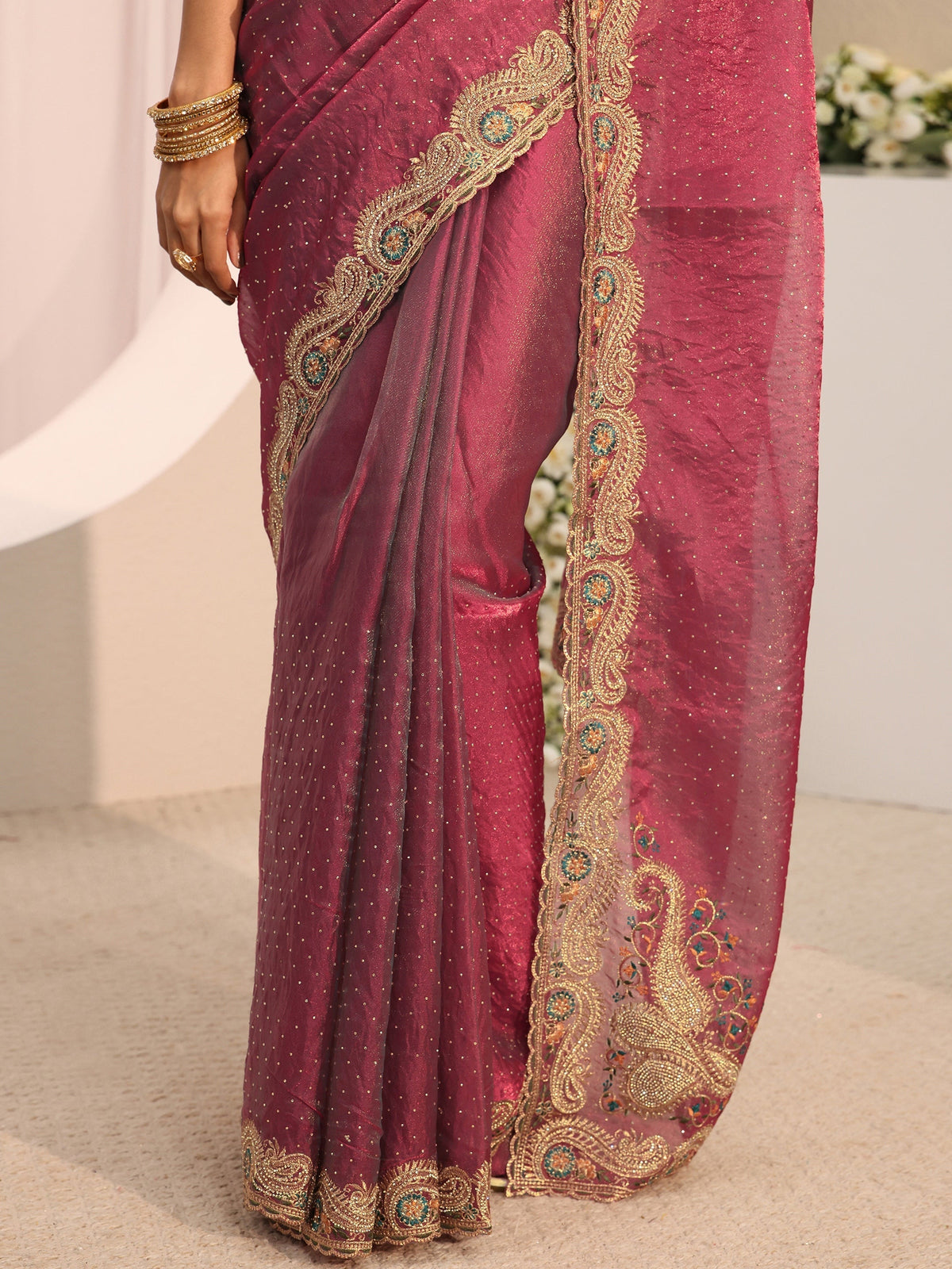 Anouk Maroon Embellished Tissue Saree With Unstitched Blouse Piece