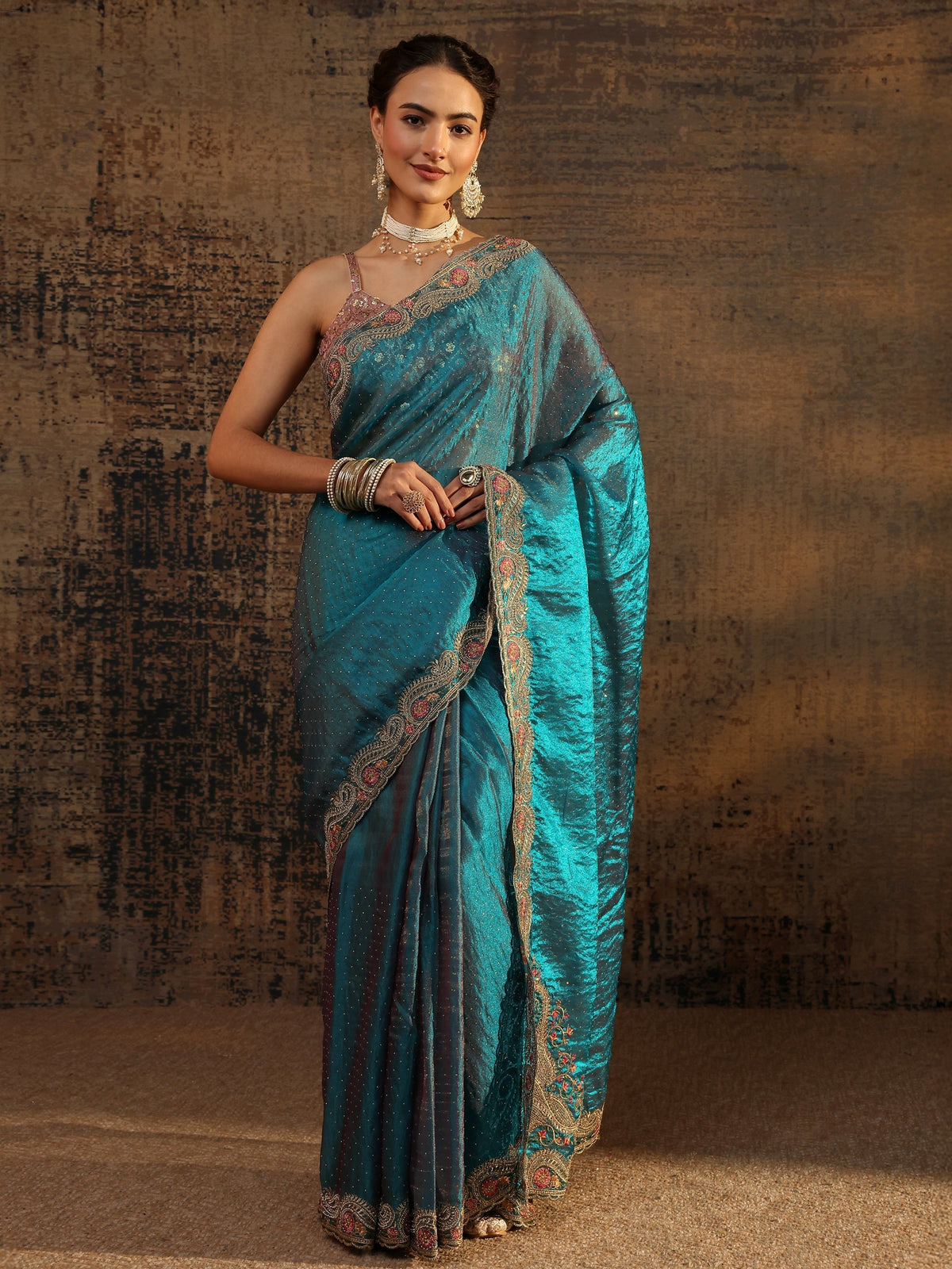 Anouk Blue Embellished Tissue Saree With Unstitched Blouse Piece