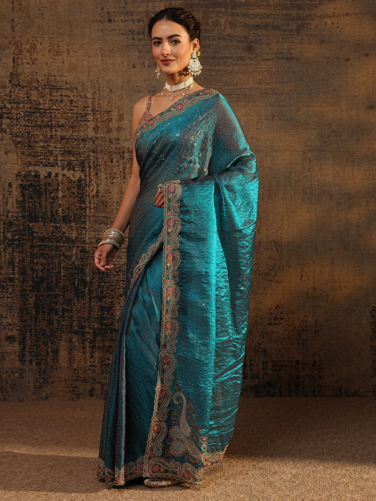 Anouk Blue Embellished Tissue Saree With Unstitched Blouse Piece