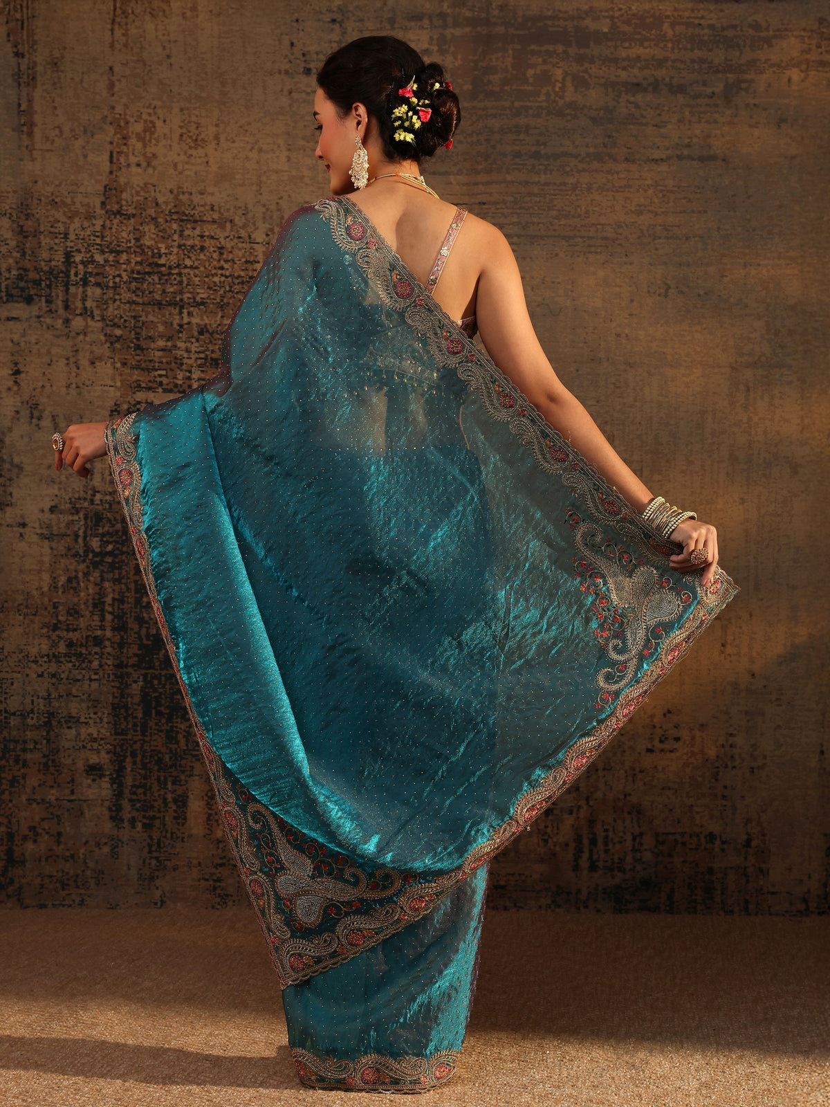 Anouk Blue Embellished Tissue Saree With Unstitched Blouse Piece