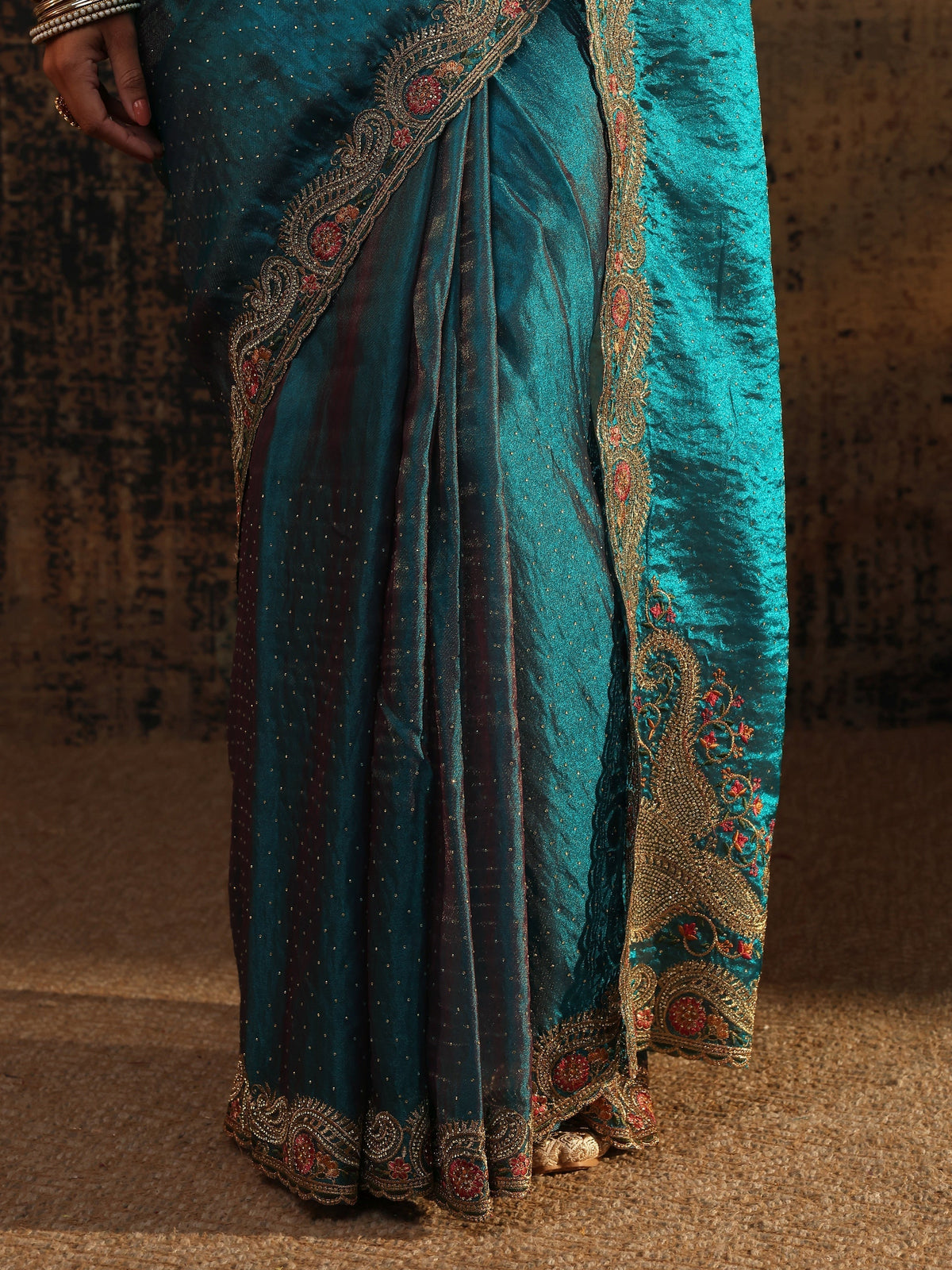 Anouk Blue Embellished Tissue Saree With Unstitched Blouse Piece