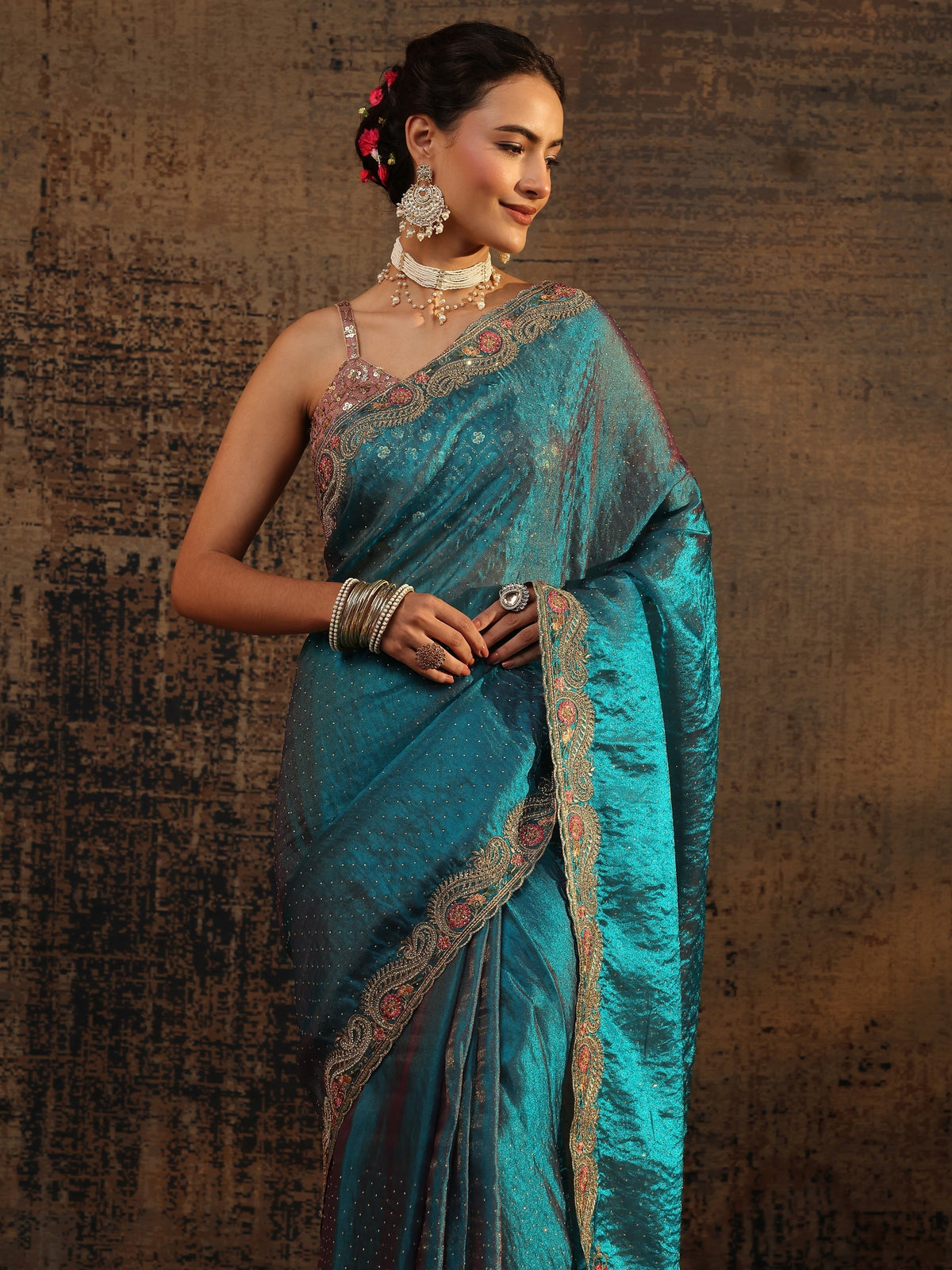 Anouk Blue Embellished Tissue Saree With Unstitched Blouse Piece