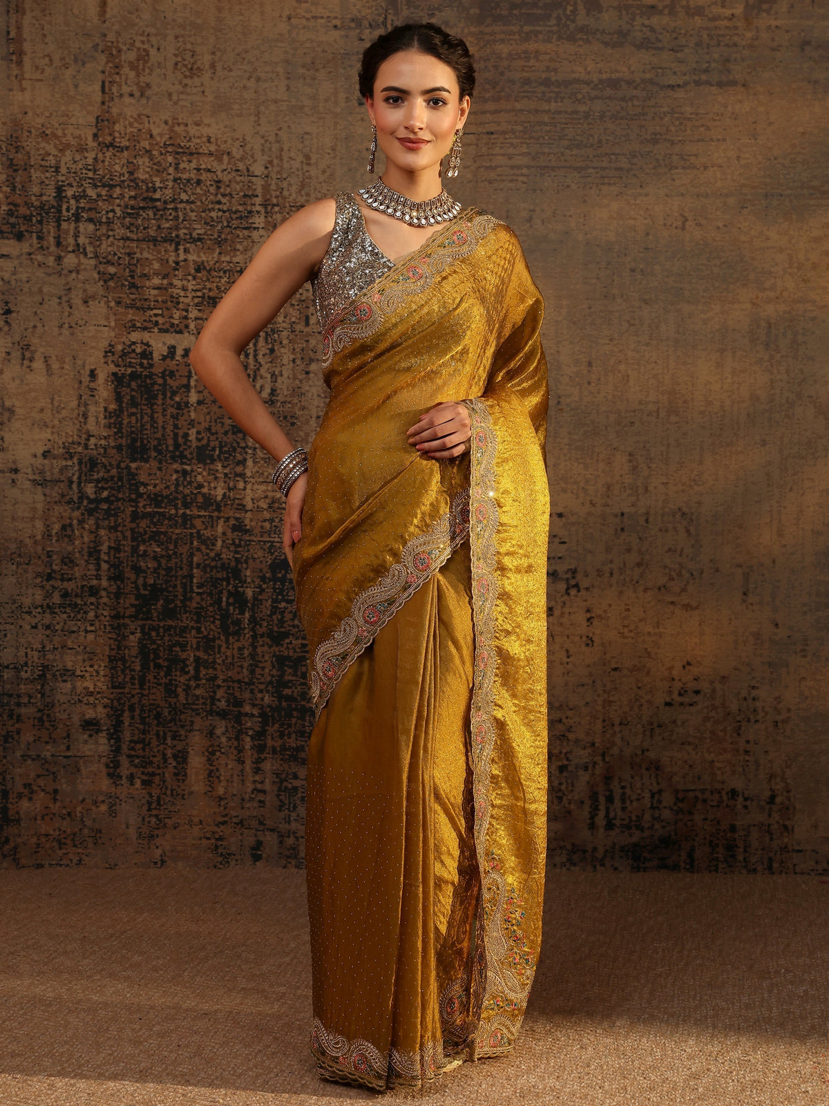 Anouk Mustard Embellished Tissue Saree With Unstitched Blouse Piece