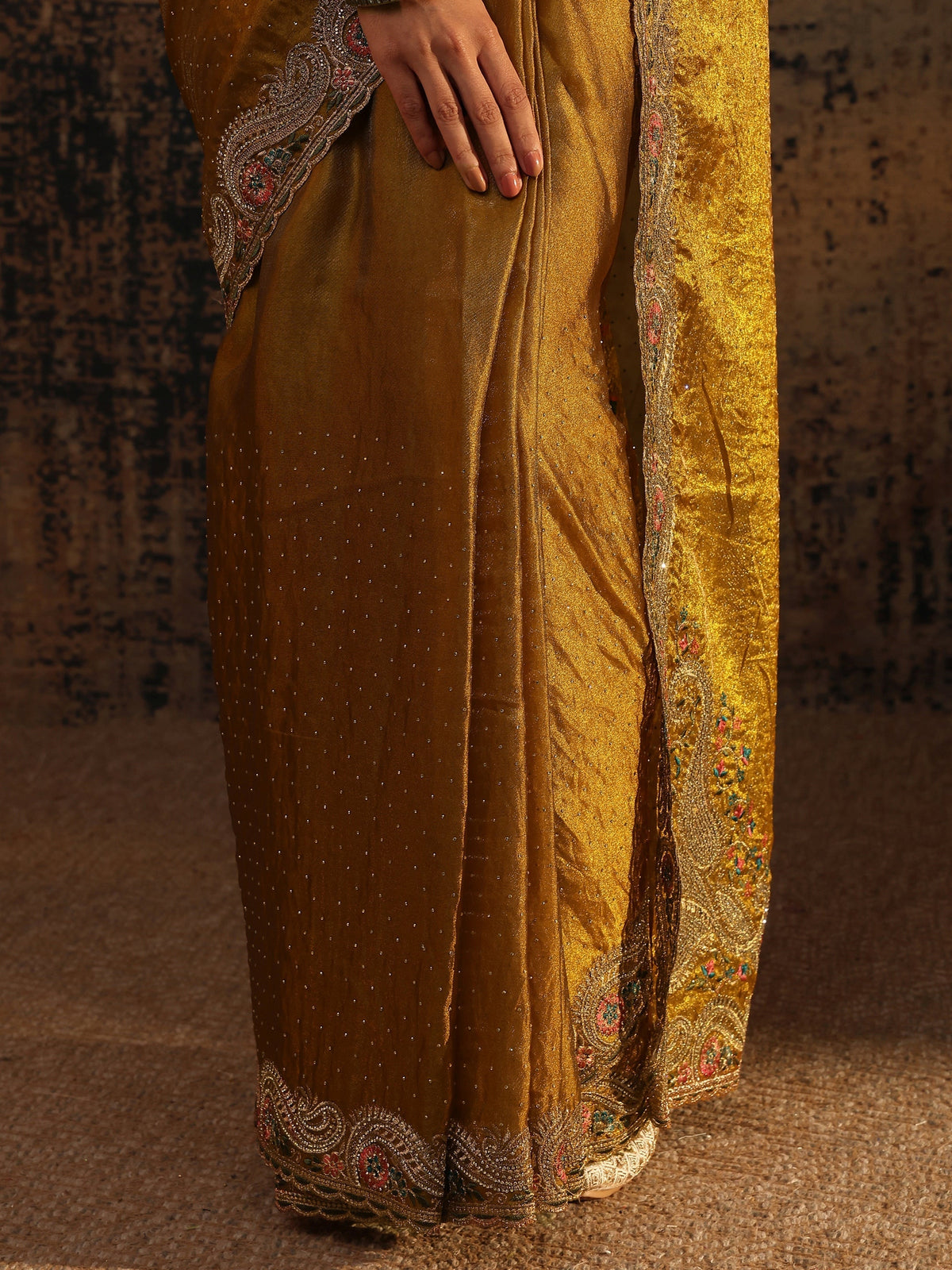 Anouk Mustard Embellished Tissue Saree With Unstitched Blouse Piece
