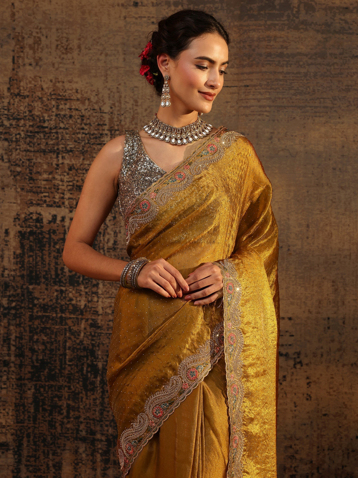 Anouk Mustard Embellished Tissue Saree With Unstitched Blouse Piece