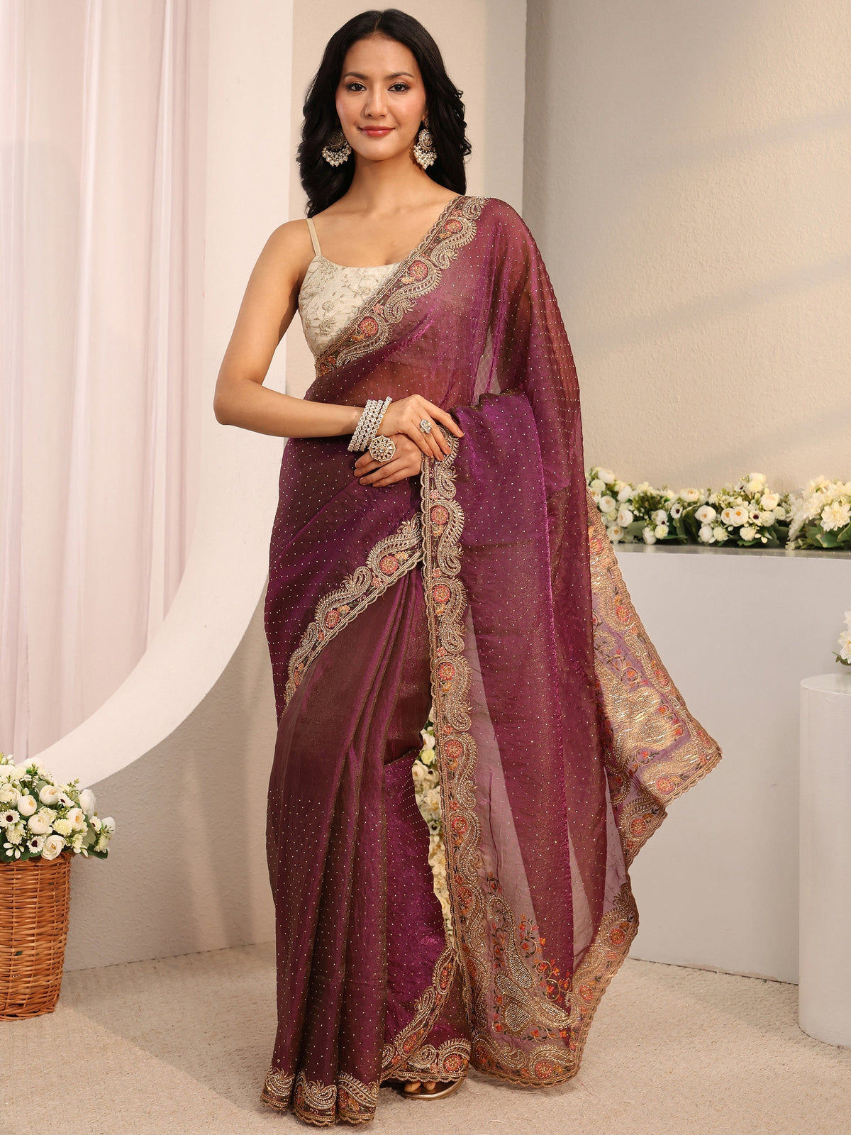 Anouk Purple Embellished Tissue Saree With Unstitched Blouse Piece