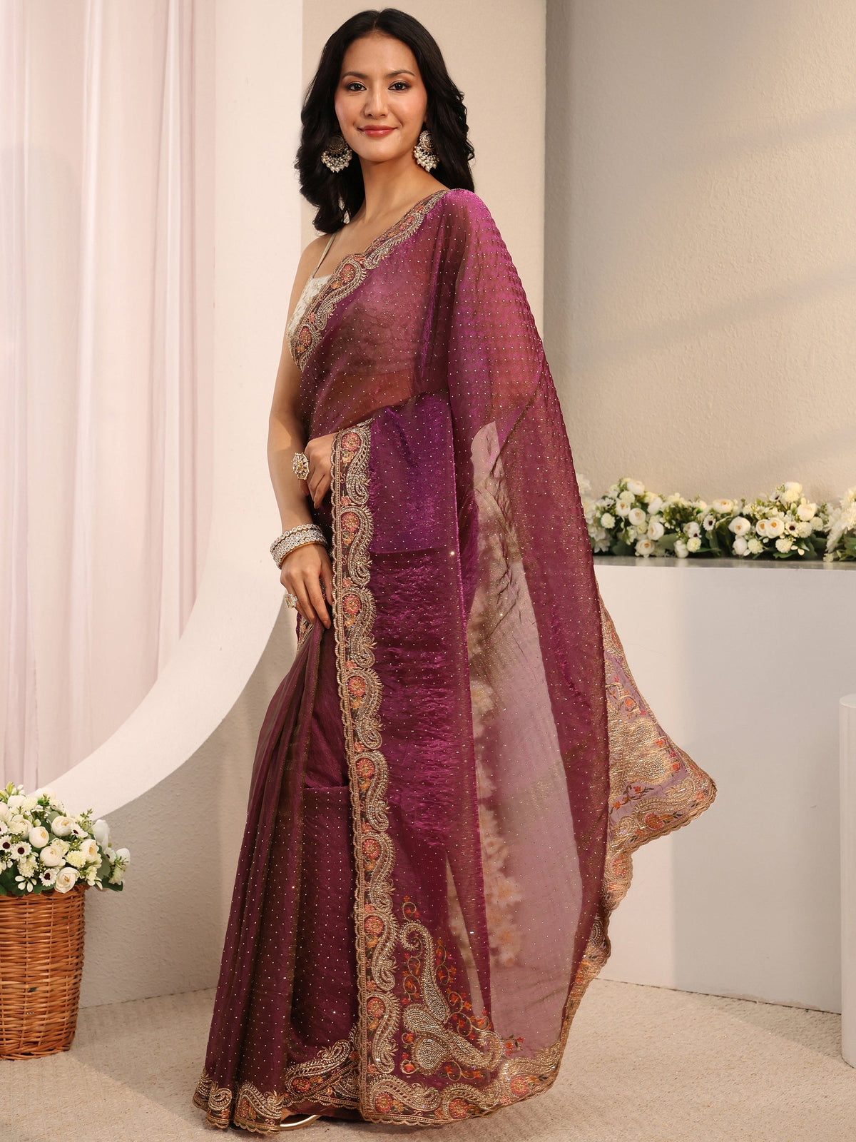 Anouk Purple Embellished Tissue Saree With Unstitched Blouse Piece