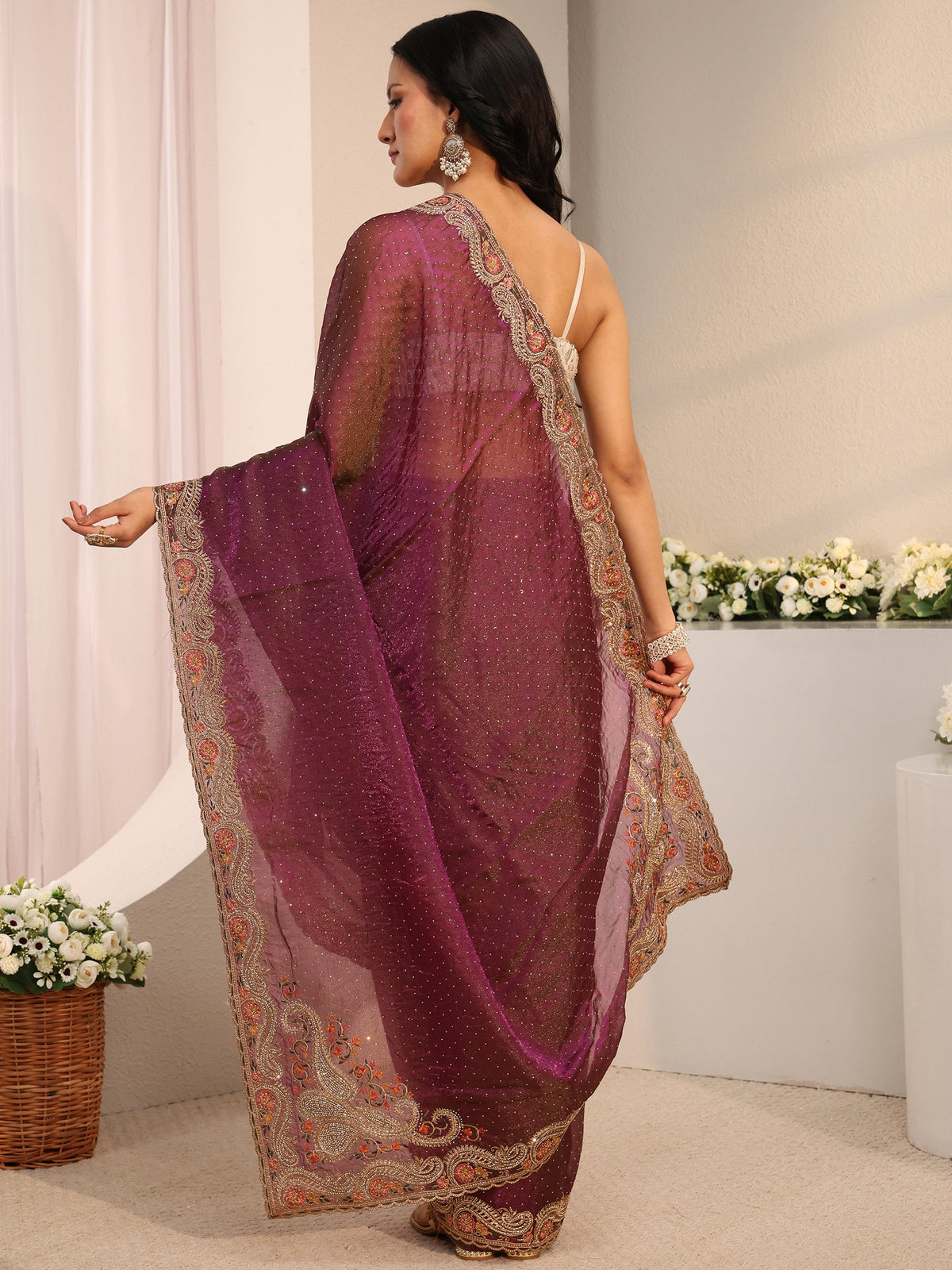 Anouk Purple Embellished Tissue Saree With Unstitched Blouse Piece