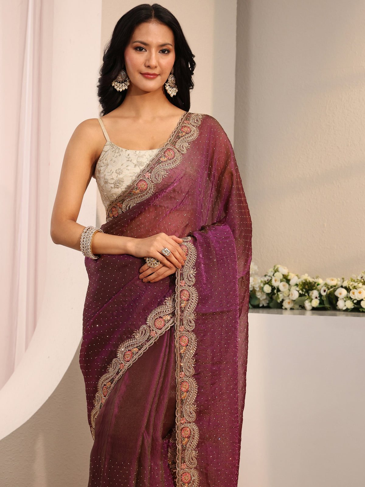 Anouk Purple Embellished Tissue Saree With Unstitched Blouse Piece
