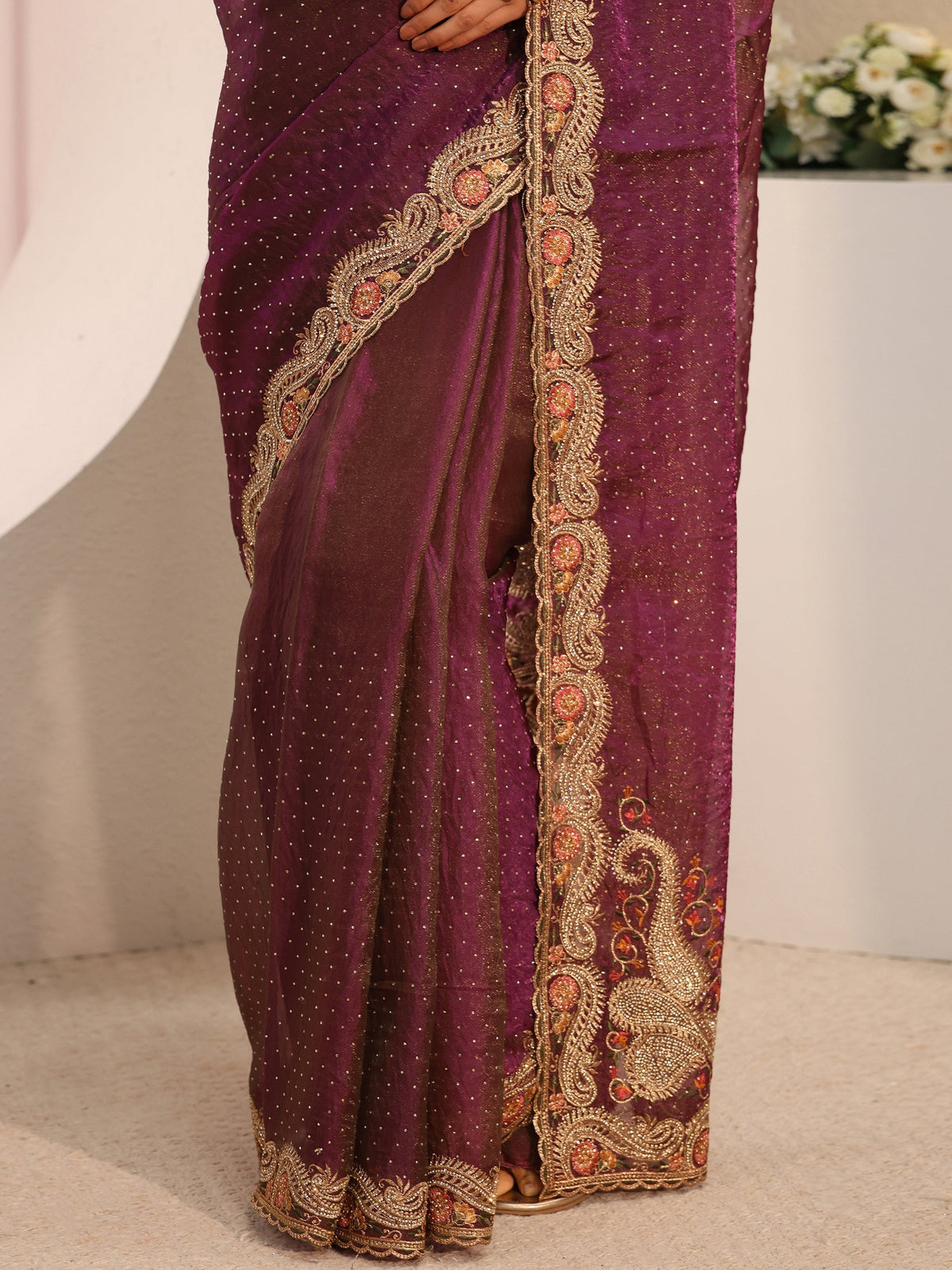 Anouk Purple Embellished Tissue Saree With Unstitched Blouse Piece