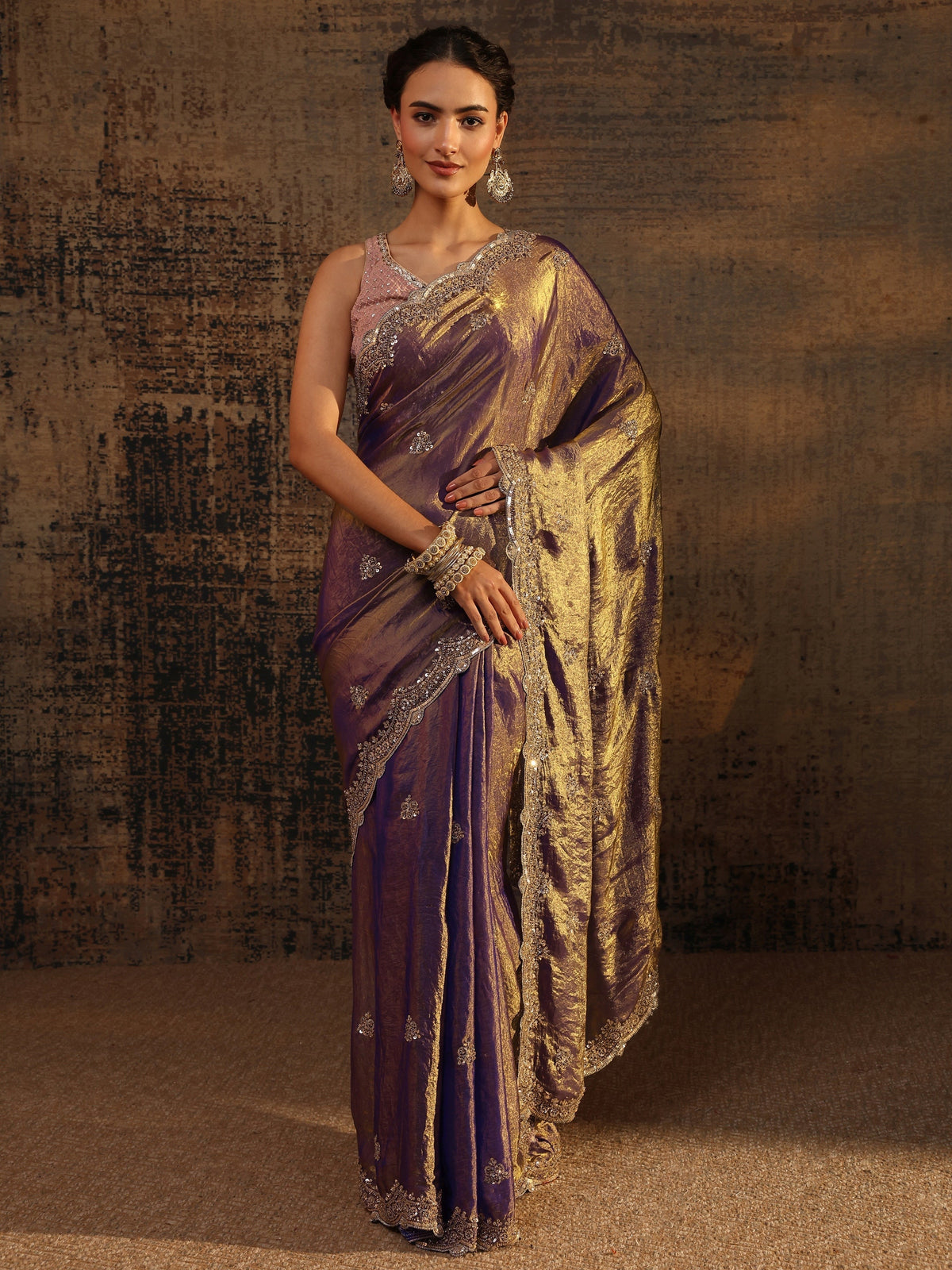 Anouk Lavender Embellished Tissue Saree With Unstitched Blouse Piece