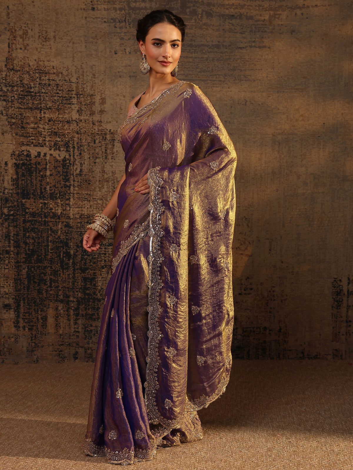 Anouk Lavender Embellished Tissue Saree With Unstitched Blouse Piece
