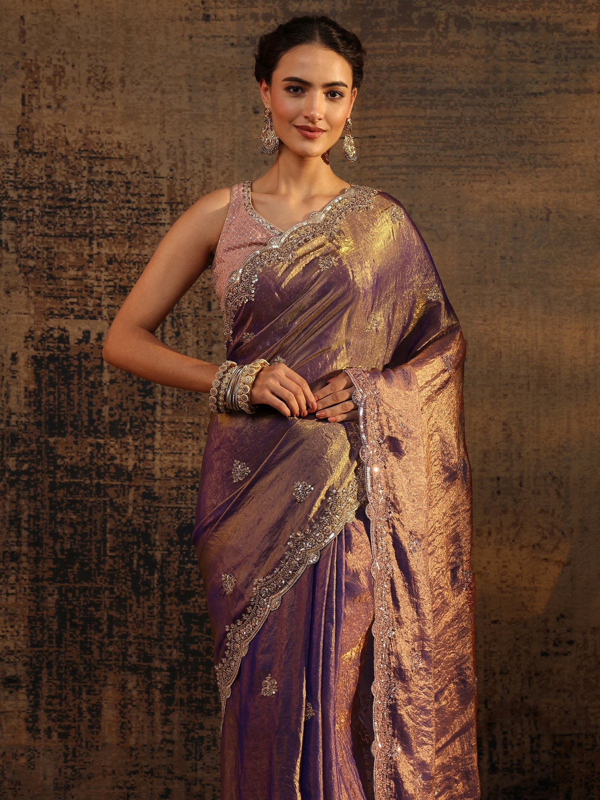 Anouk Lavender Embellished Tissue Saree With Unstitched Blouse Piece