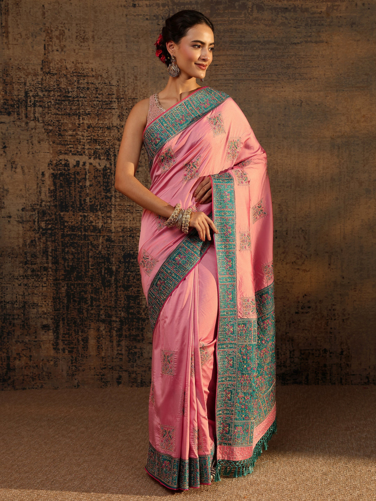 Anouk Pink Ethnic Motifs Embroidered Silk Blend Saree With Unstitched Blouse Piece
