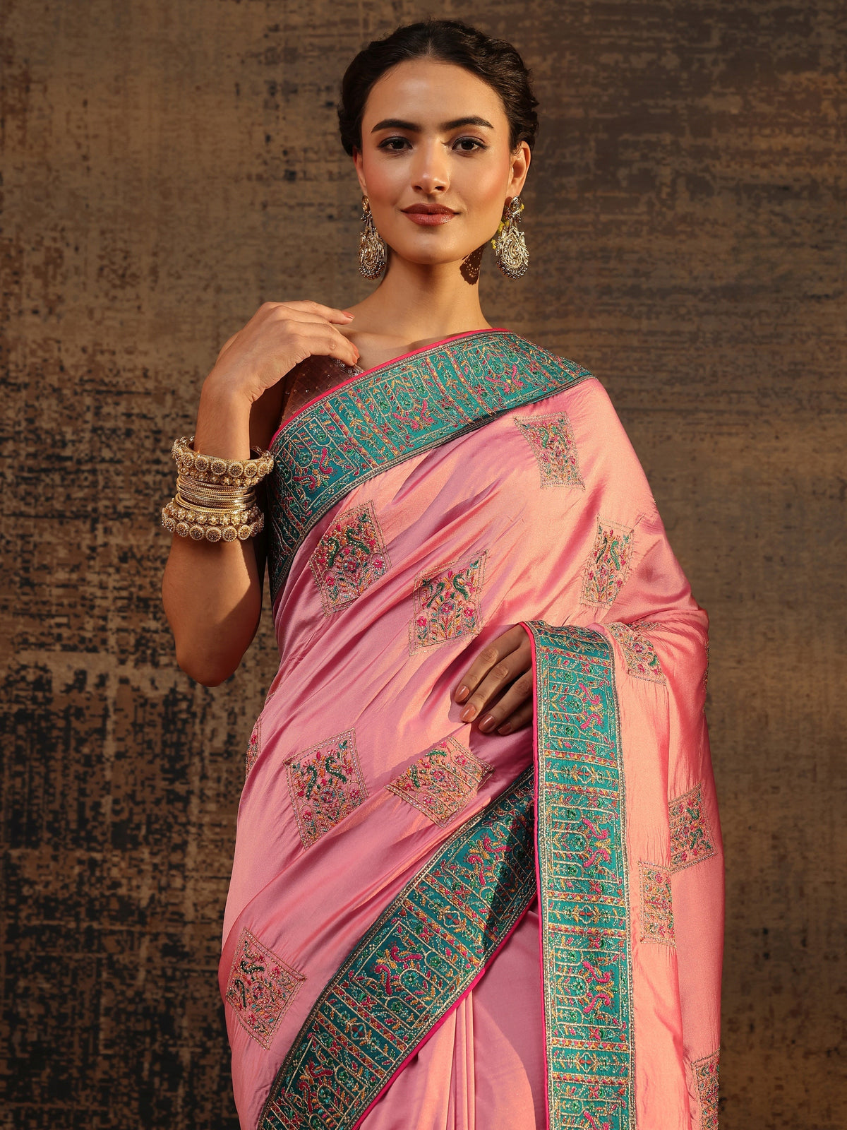 Anouk Pink Ethnic Motifs Embroidered Silk Blend Saree With Unstitched Blouse Piece