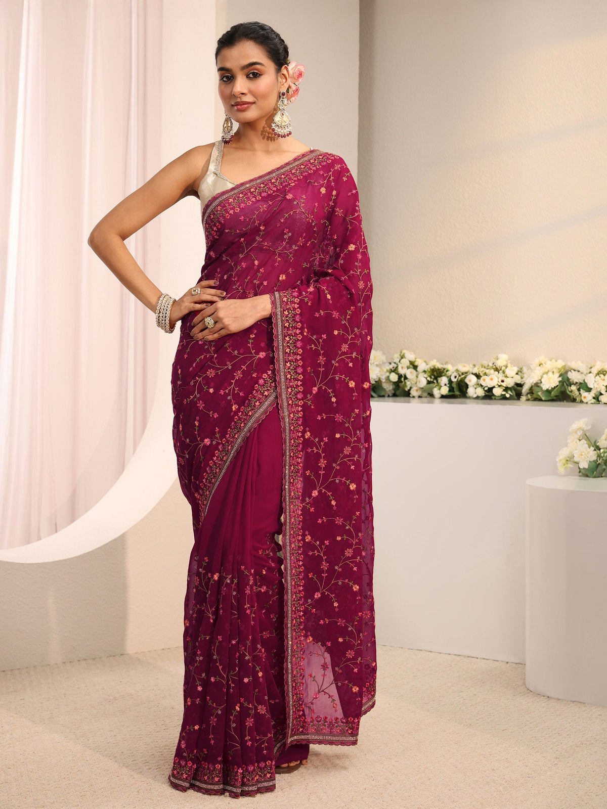 Anouk Pink Floral Embroidered Net Saree With Unstitched Blouse Piece