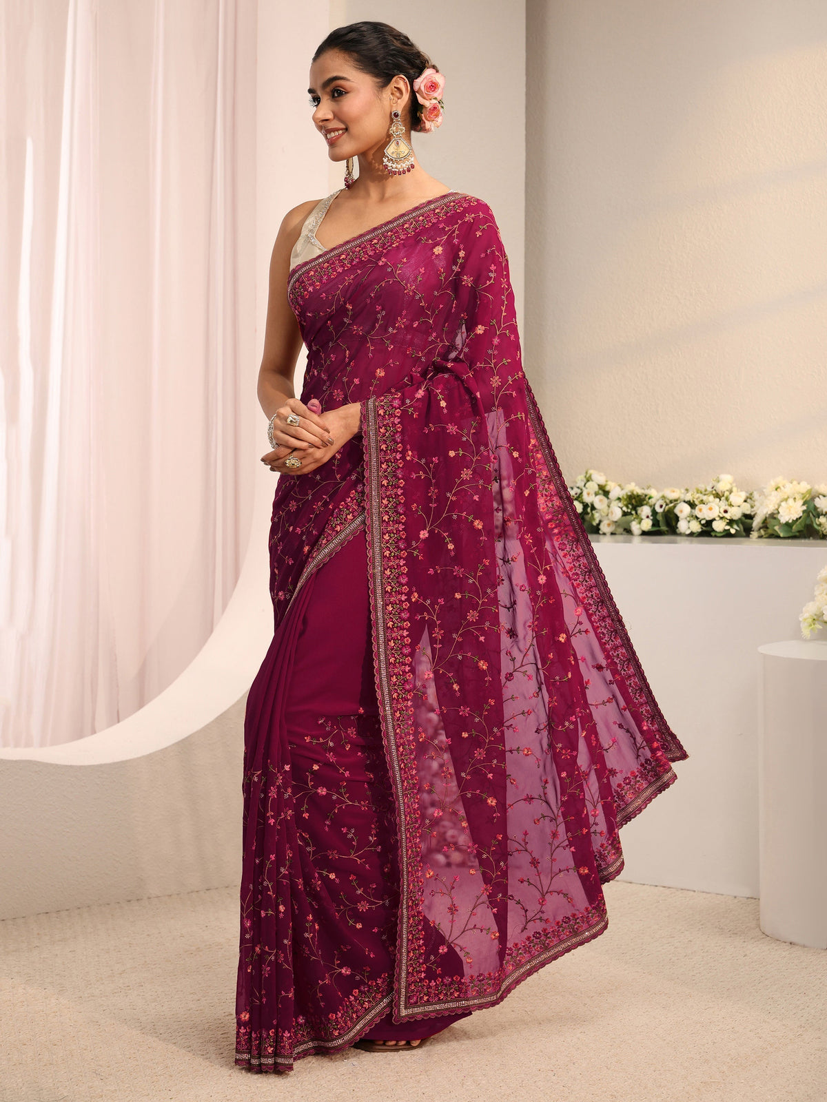 Anouk Pink Floral Embroidered Net Saree With Unstitched Blouse Piece