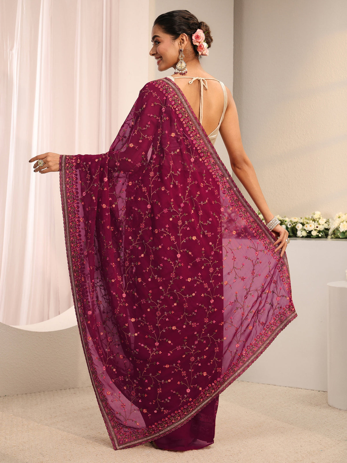 Anouk Pink Floral Embroidered Net Saree With Unstitched Blouse Piece