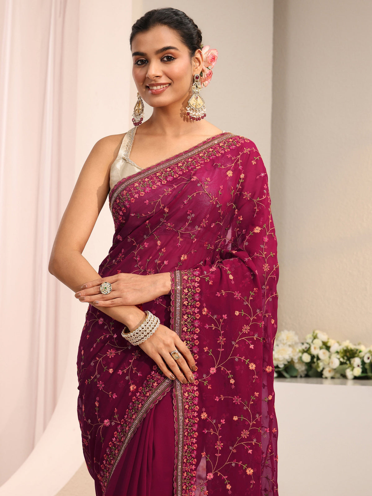 Anouk Pink Floral Embroidered Net Saree With Unstitched Blouse Piece