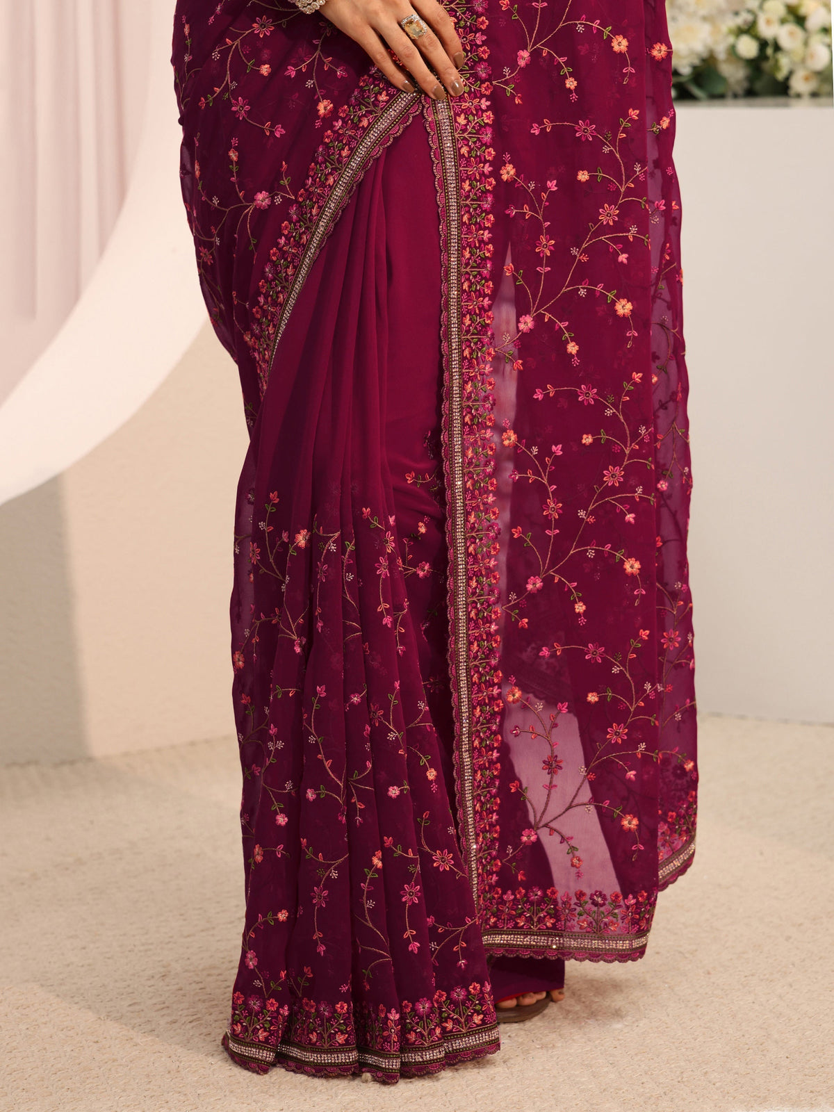 Anouk Pink Floral Embroidered Net Saree With Unstitched Blouse Piece