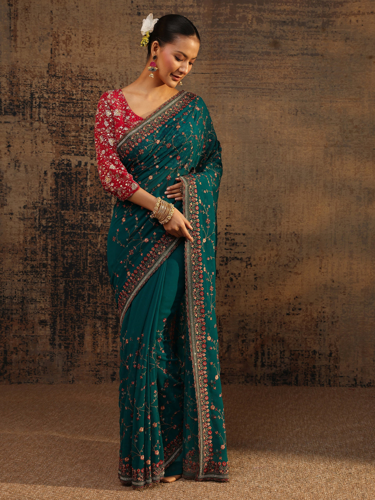 Anouk Blue Floral Embroidered Net Saree With Unstitched Blouse Piece
