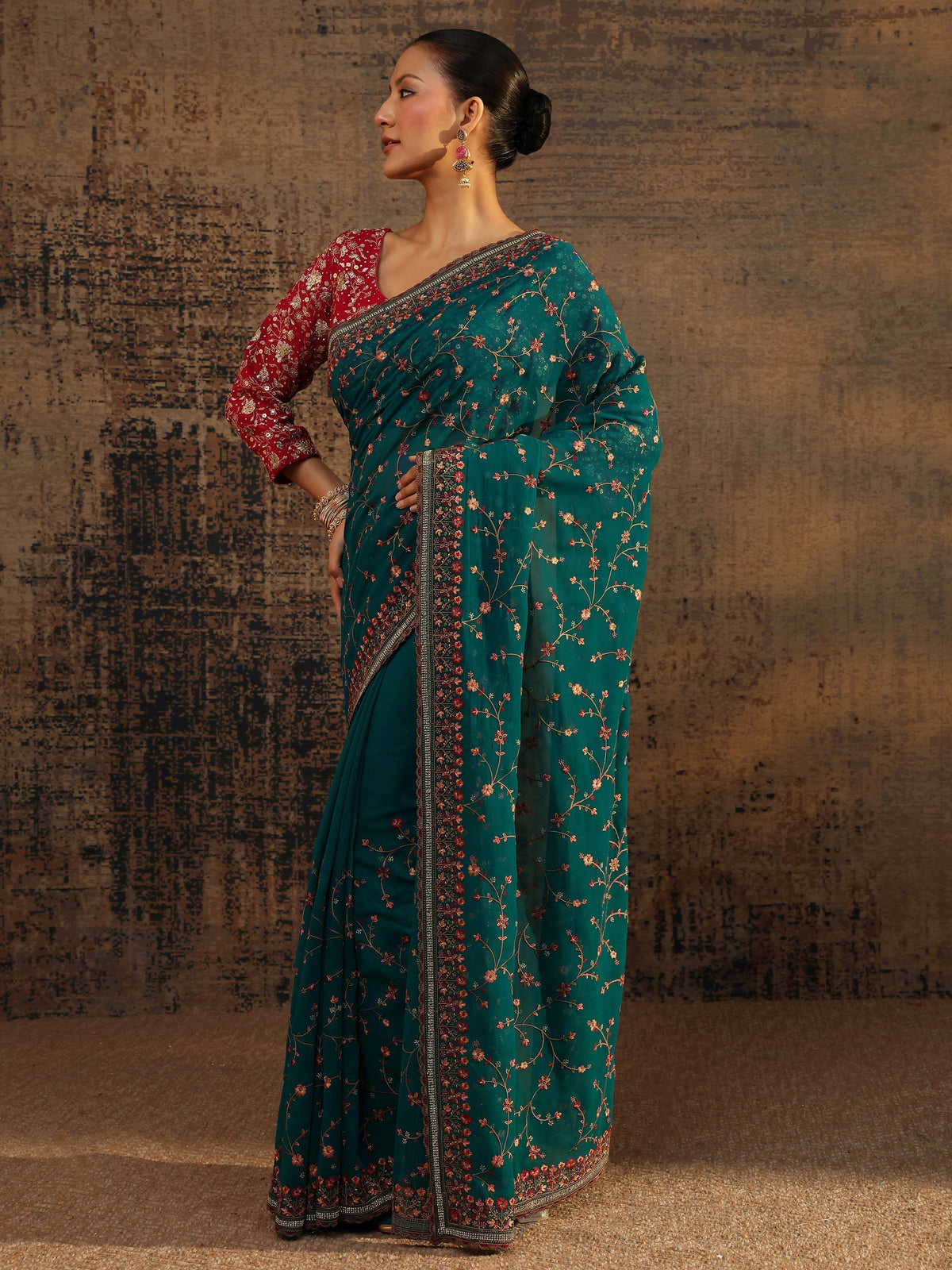 Anouk Blue Floral Embroidered Net Saree With Unstitched Blouse Piece