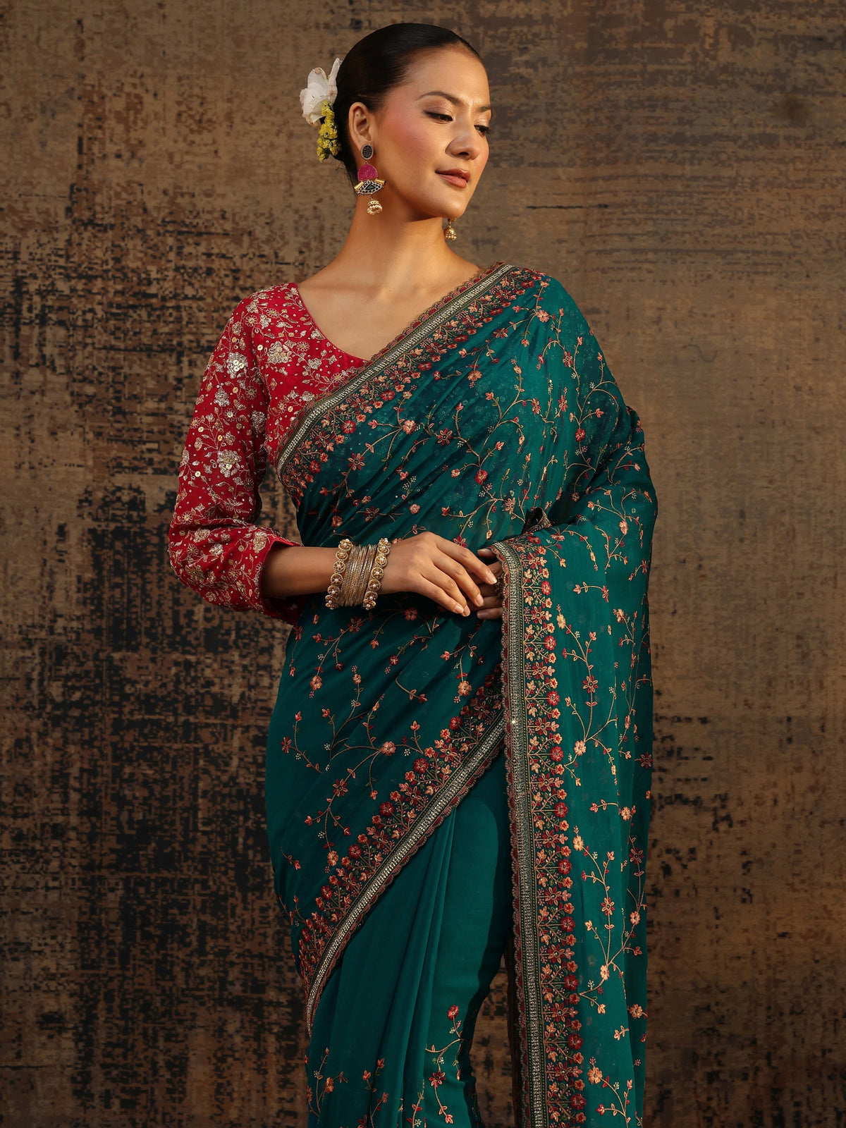 Anouk Blue Floral Embroidered Net Saree With Unstitched Blouse Piece