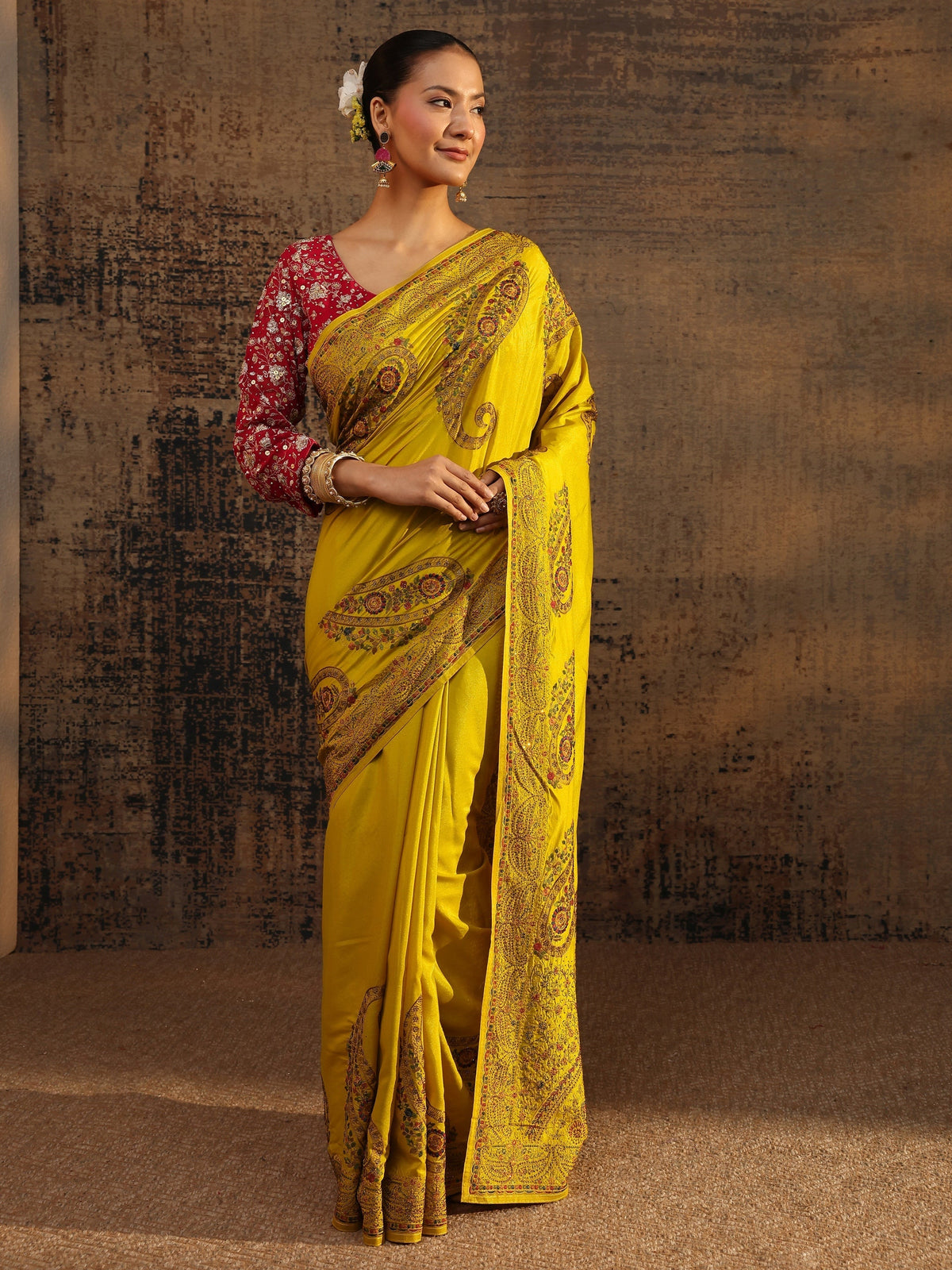 Anouk Mustard Floral Embroidered Satin Saree With Unstitched Blouse Piece