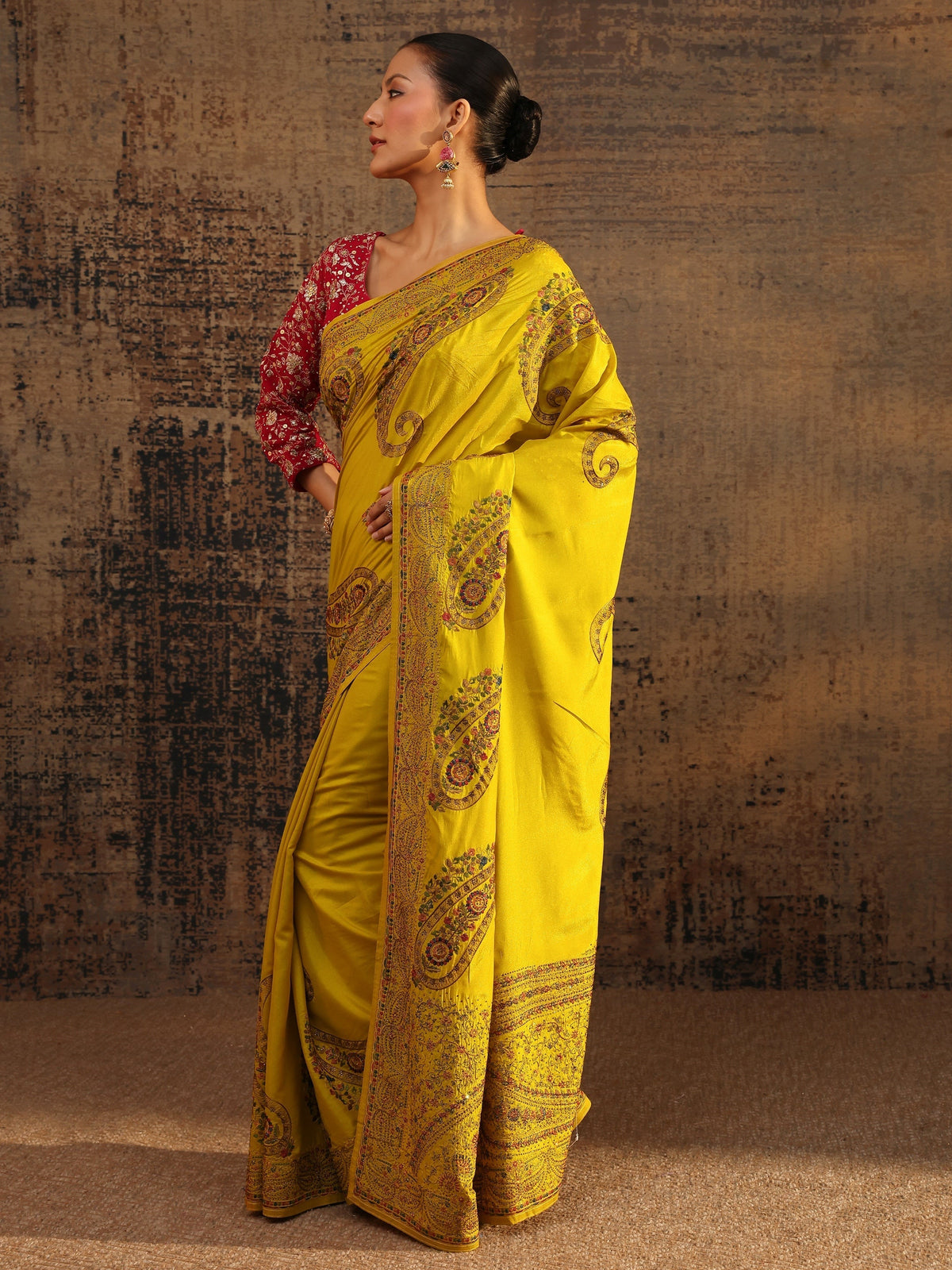 Anouk Mustard Floral Embroidered Satin Saree With Unstitched Blouse Piece
