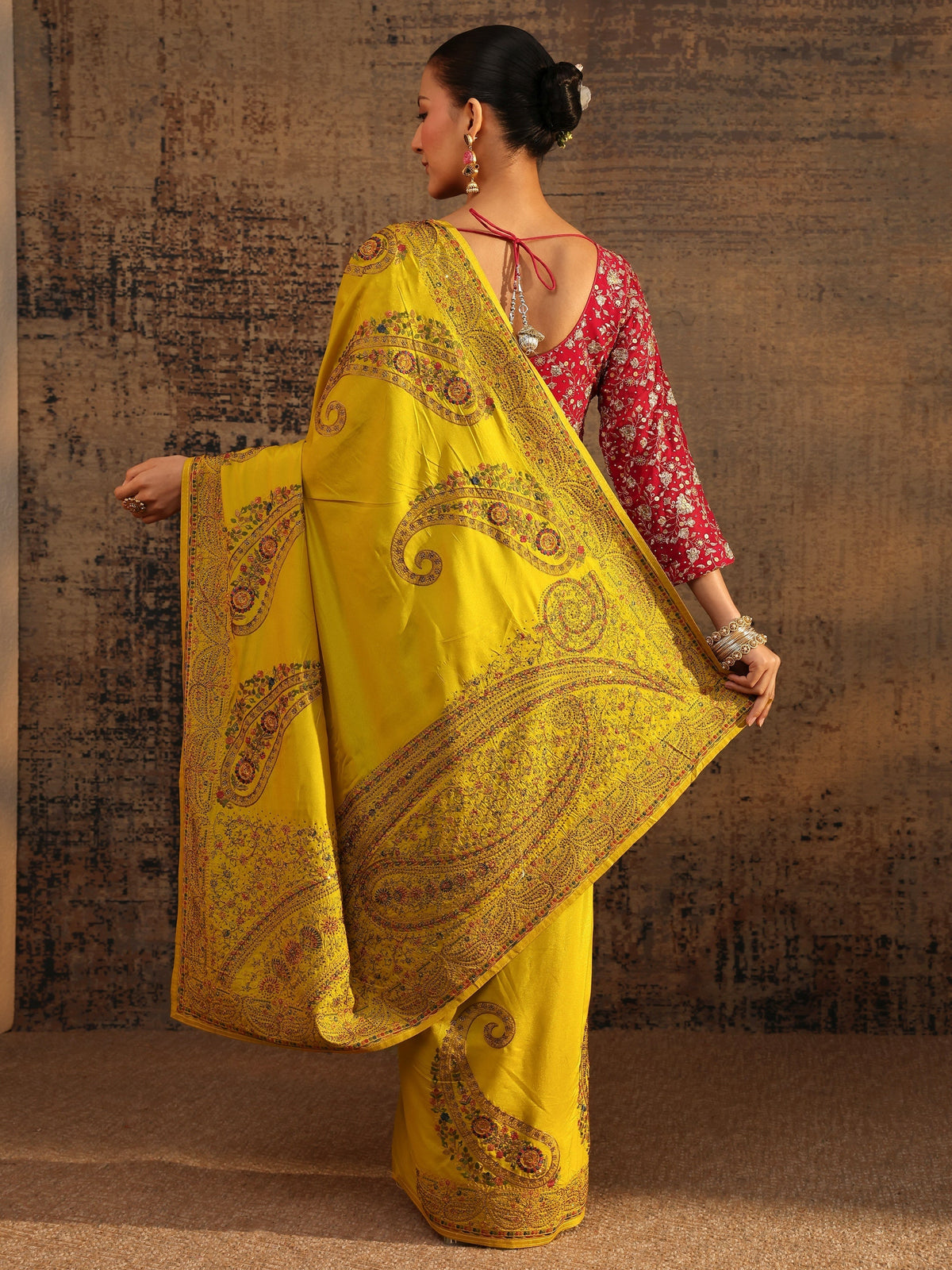 Anouk Mustard Floral Embroidered Satin Saree With Unstitched Blouse Piece