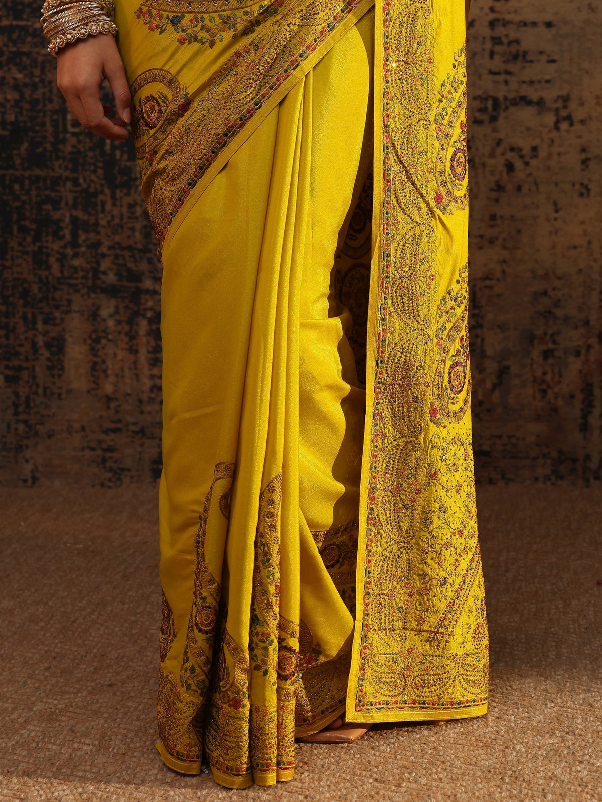 Anouk Mustard Floral Embroidered Satin Saree With Unstitched Blouse Piece