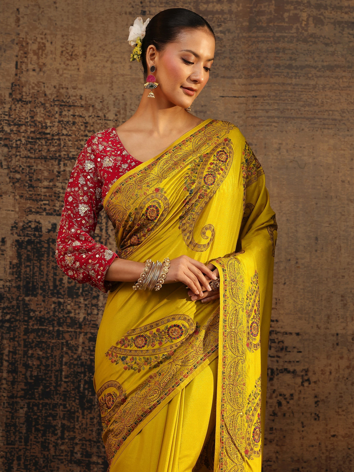 Anouk Mustard Floral Embroidered Satin Saree With Unstitched Blouse Piece