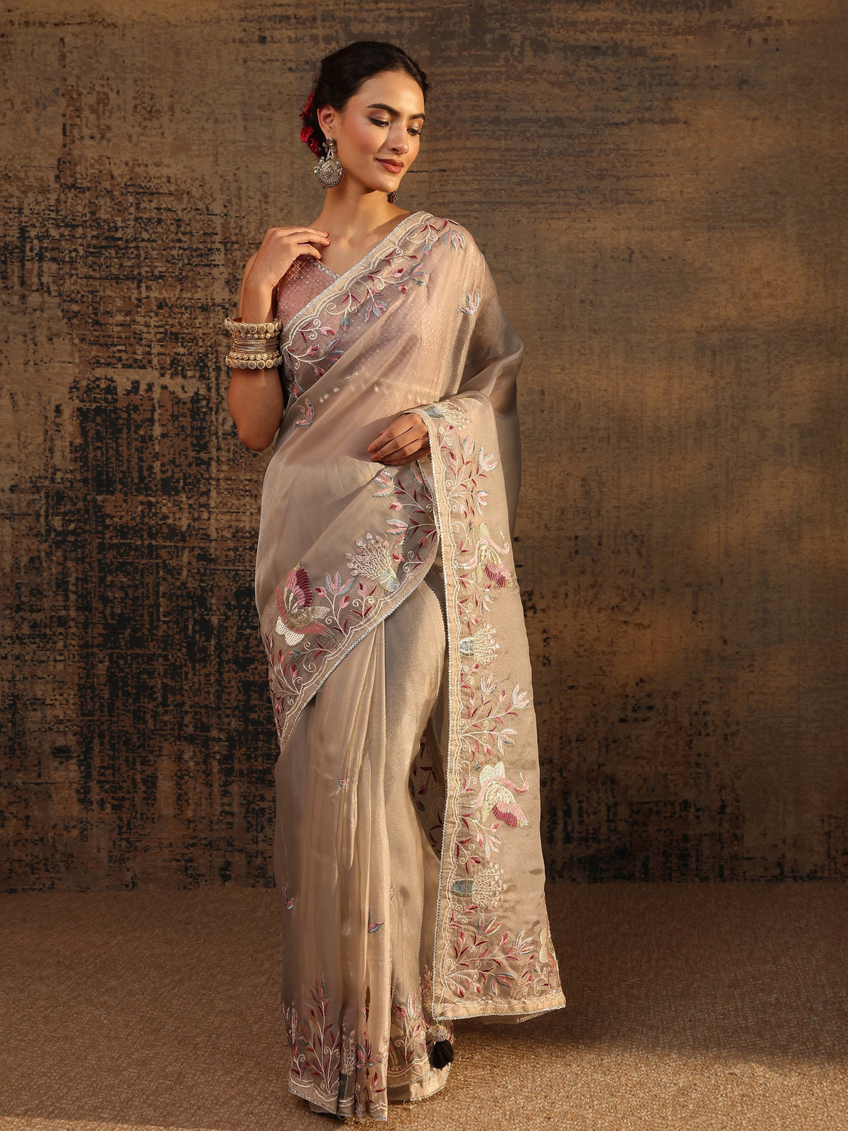 Anouk Taupe Floral Embroidered Organza Saree With Unstitched Blouse Piece