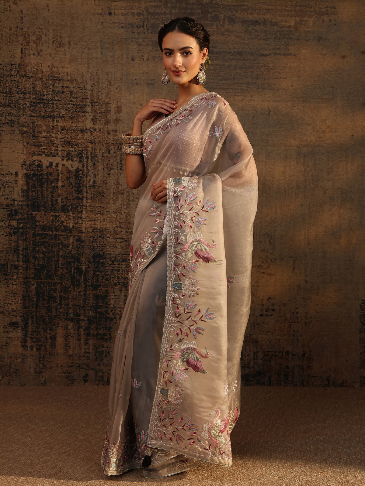 Anouk Taupe Floral Embroidered Organza Saree With Unstitched Blouse Piece