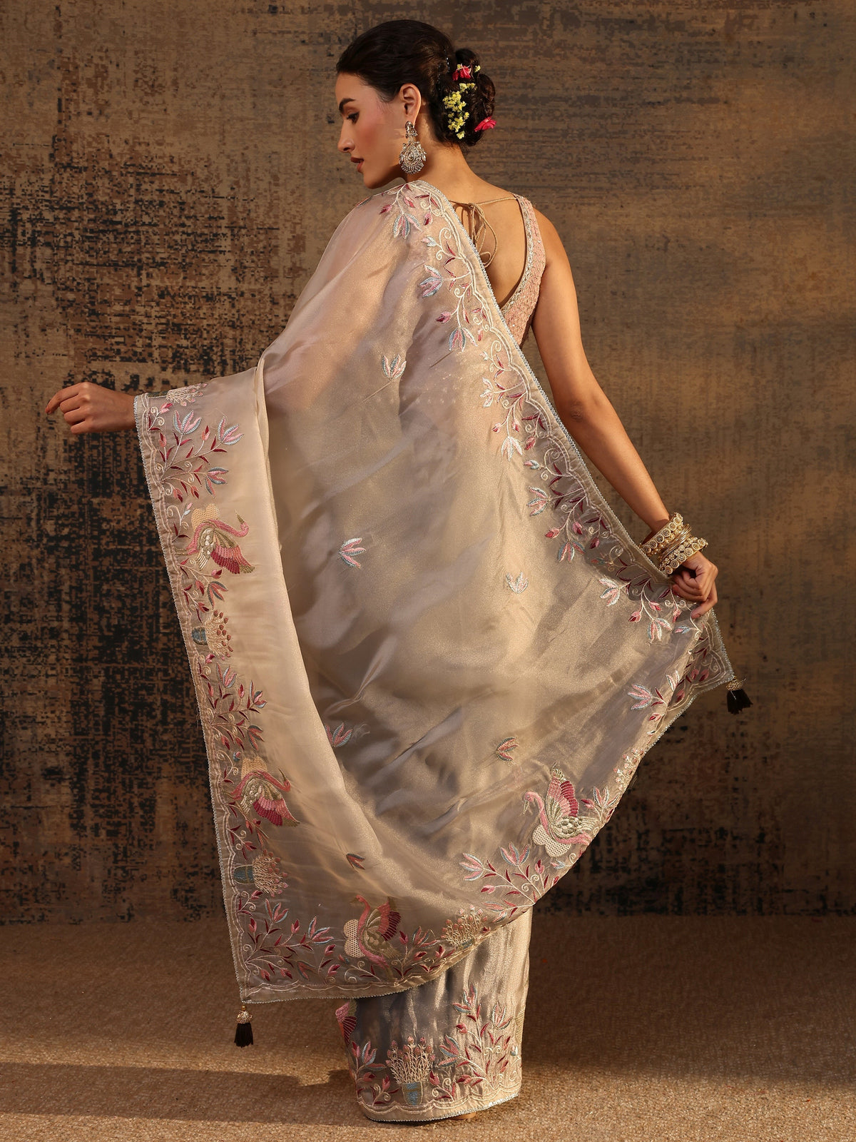 Anouk Taupe Floral Embroidered Organza Saree With Unstitched Blouse Piece