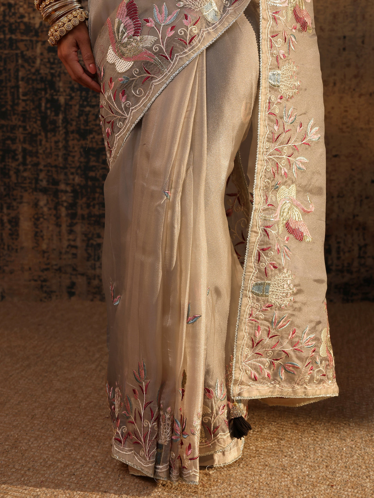 Anouk Taupe Floral Embroidered Organza Saree With Unstitched Blouse Piece
