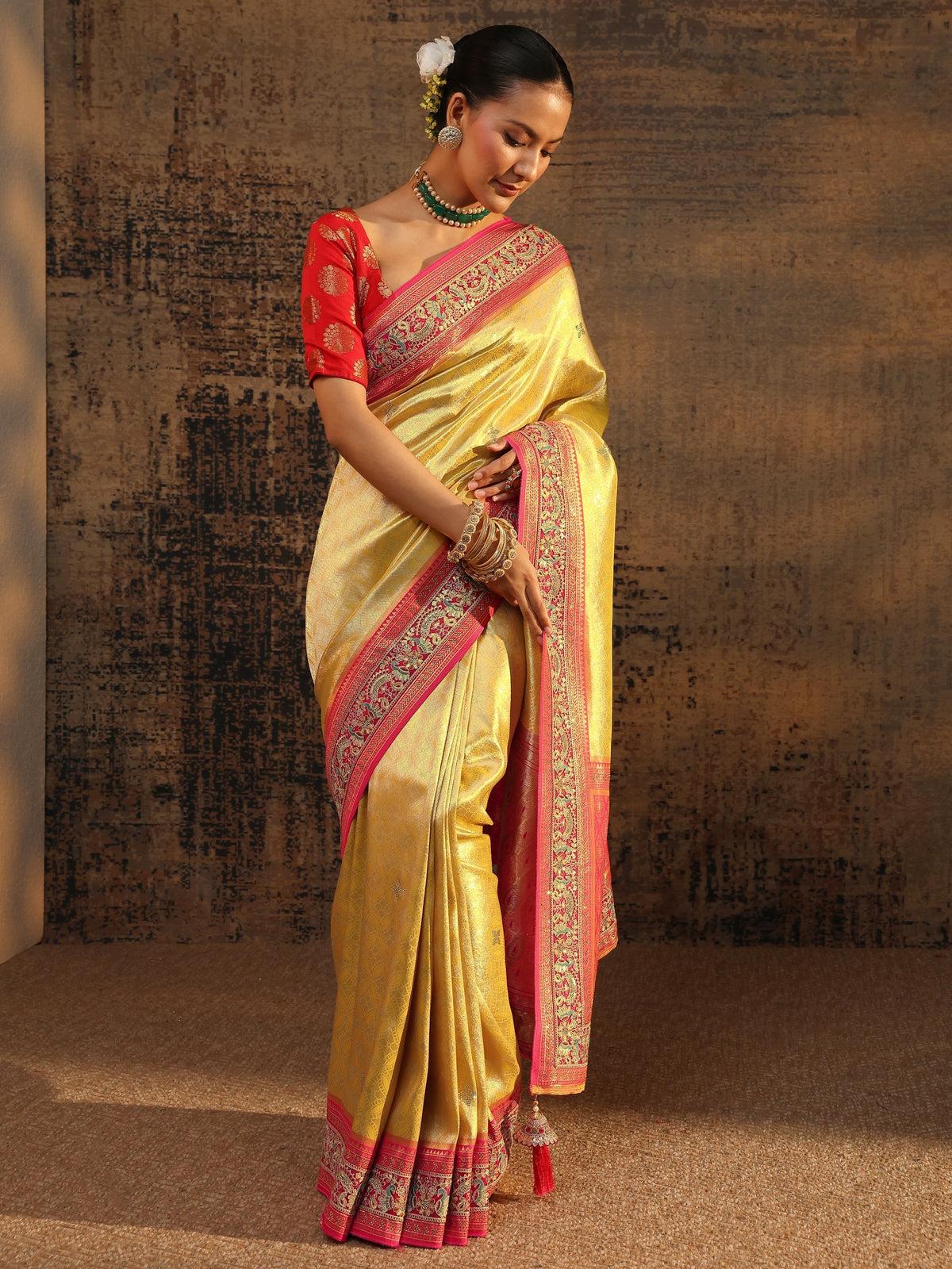 Anouk Art Mustard Ethnic Motifs Woven Design Silk Blend Saree With Unstitched Blouse Piece
