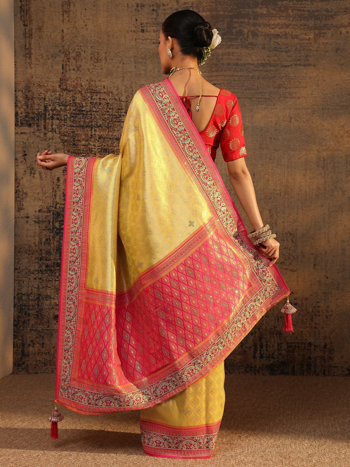 Anouk Art Mustard Ethnic Motifs Woven Design Silk Blend Saree With Unstitched Blouse Piece