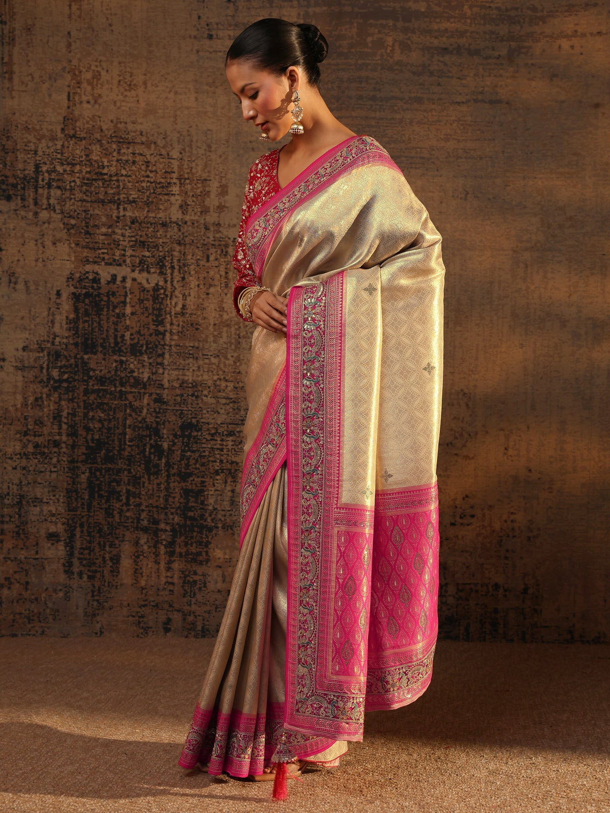 Anouk Art Gold Ethnic Motifs Woven Design Silk Blend Saree With Unstitched Blouse Piece
