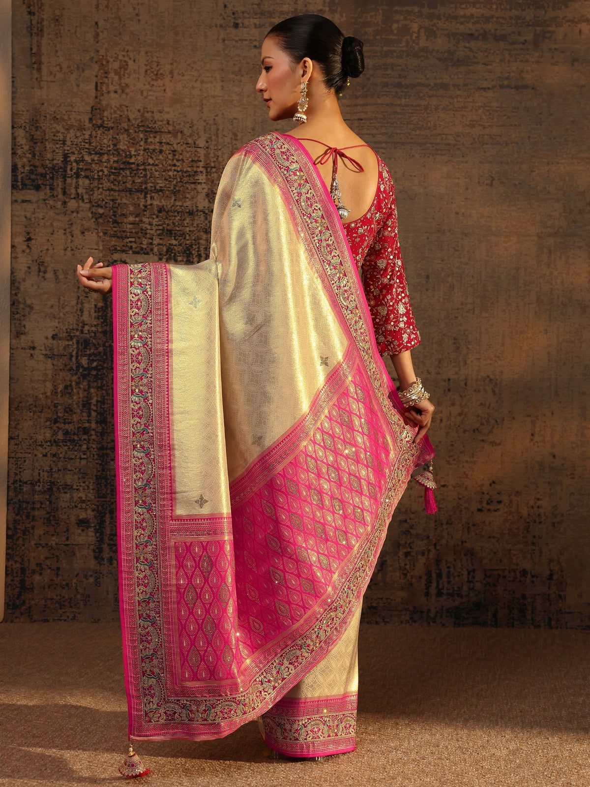 Anouk Art Gold Ethnic Motifs Woven Design Silk Blend Saree With Unstitched Blouse Piece