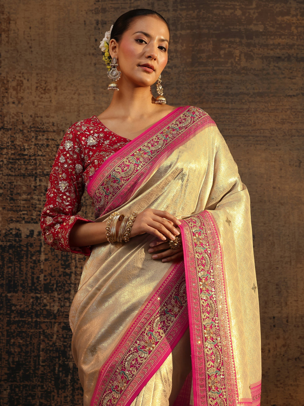 Anouk Art Gold Ethnic Motifs Woven Design Silk Blend Saree With Unstitched Blouse Piece