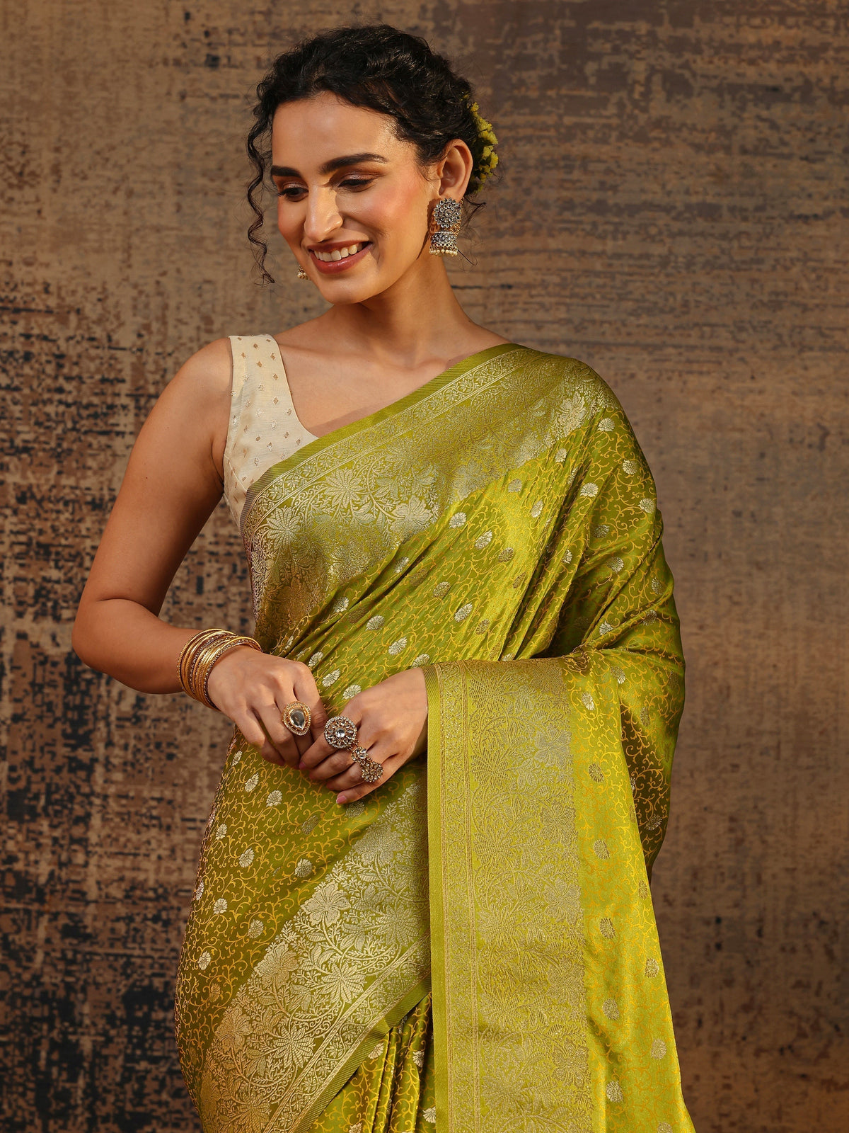 Anouk Green Floral Woven Design Silk Blend Saree With Unstitched Blouse Piece