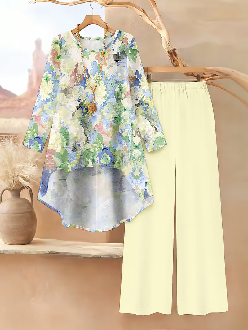 Women’s Long-Sleeve Floral Suit – Light Red Flowers on Gray, Casual & Vacation Wear