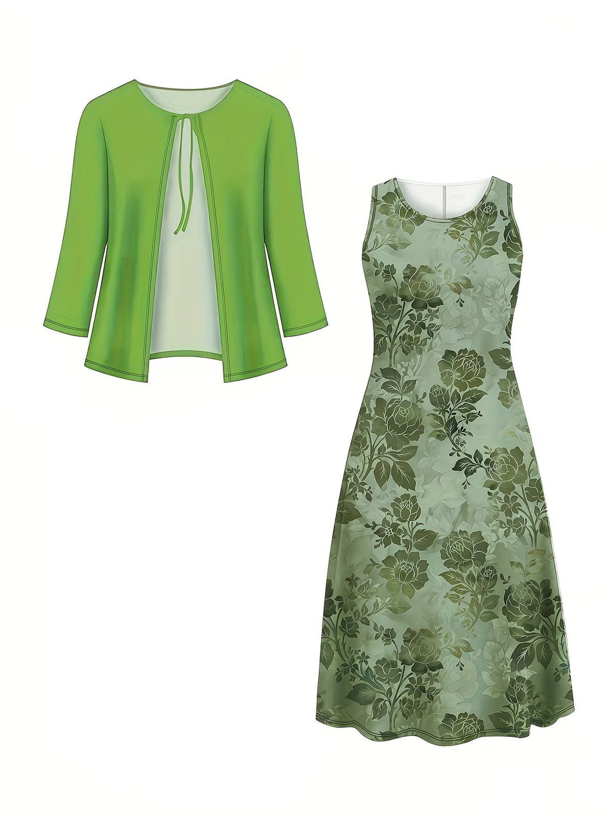 Women's Botanical Print Dress & Tie-Front Cardigan Two-Piece Set