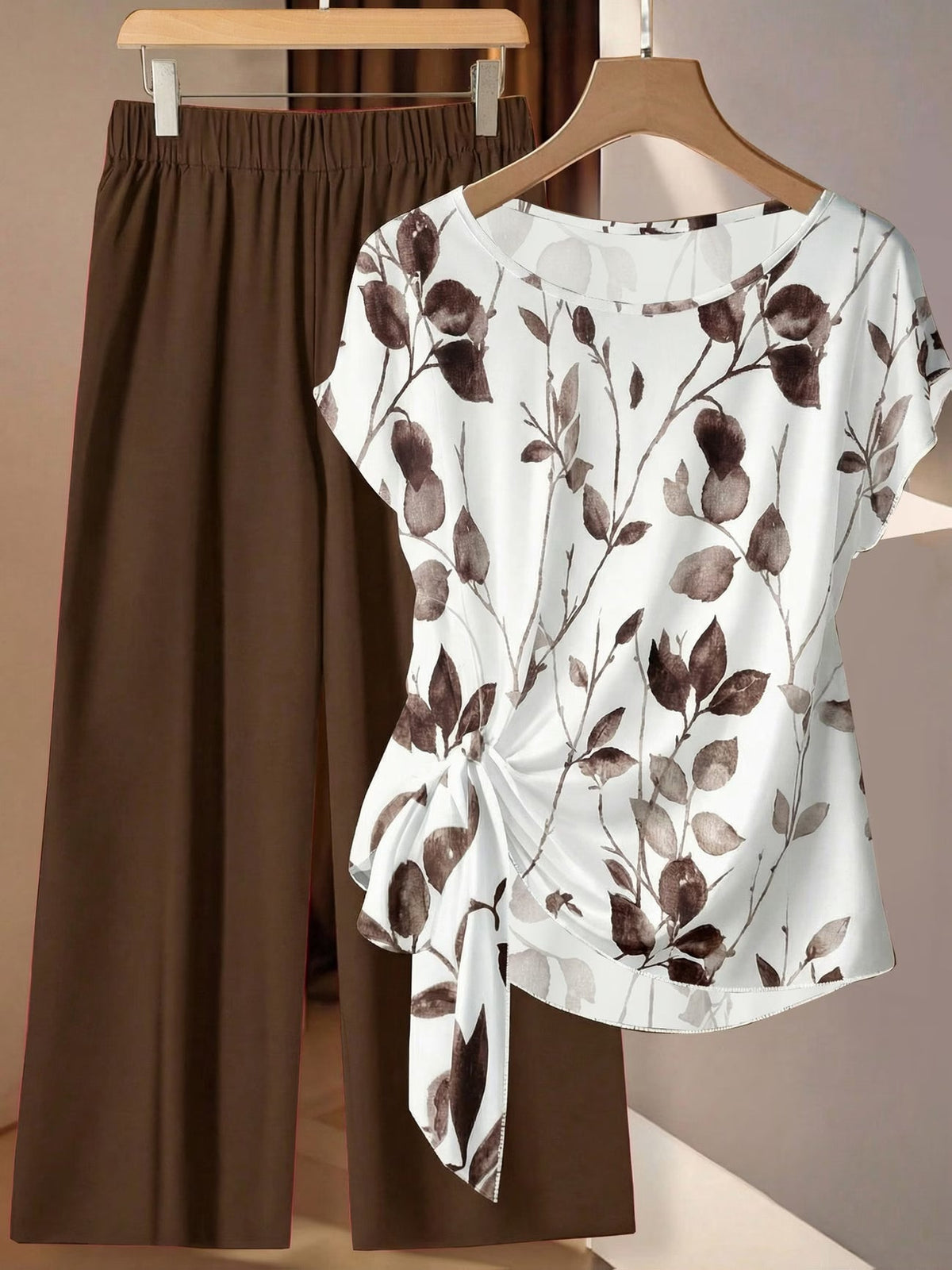 Women's Floral Print Tie-Front Shirt & Wide-Leg Pants Two-Piece Set