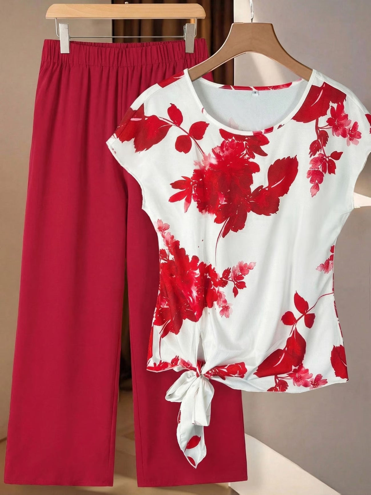 Women's Floral Print Tie-Front Shirt & Wide-Leg Pants Two-Piece Set