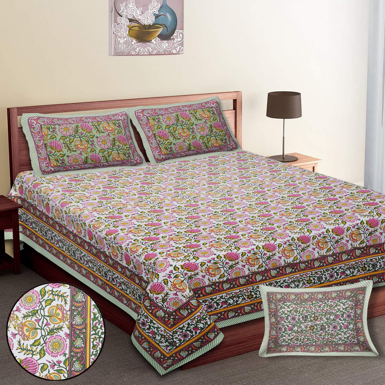 King-Size Bed Sheet Set with 2 Pillow Covers (Cotton Autoloom Fabric)