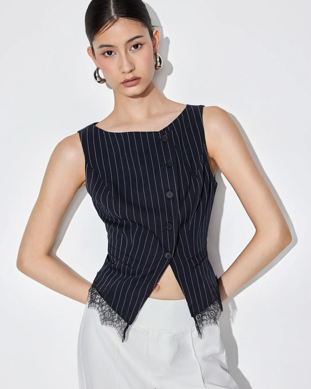 Button Down Pinstripe Lace Hem Vest Top in Jet Black