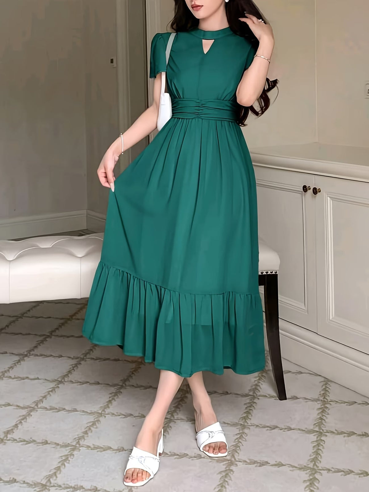 Women's Elegant Pleated Waist Ruffle Hem Maxi Dress