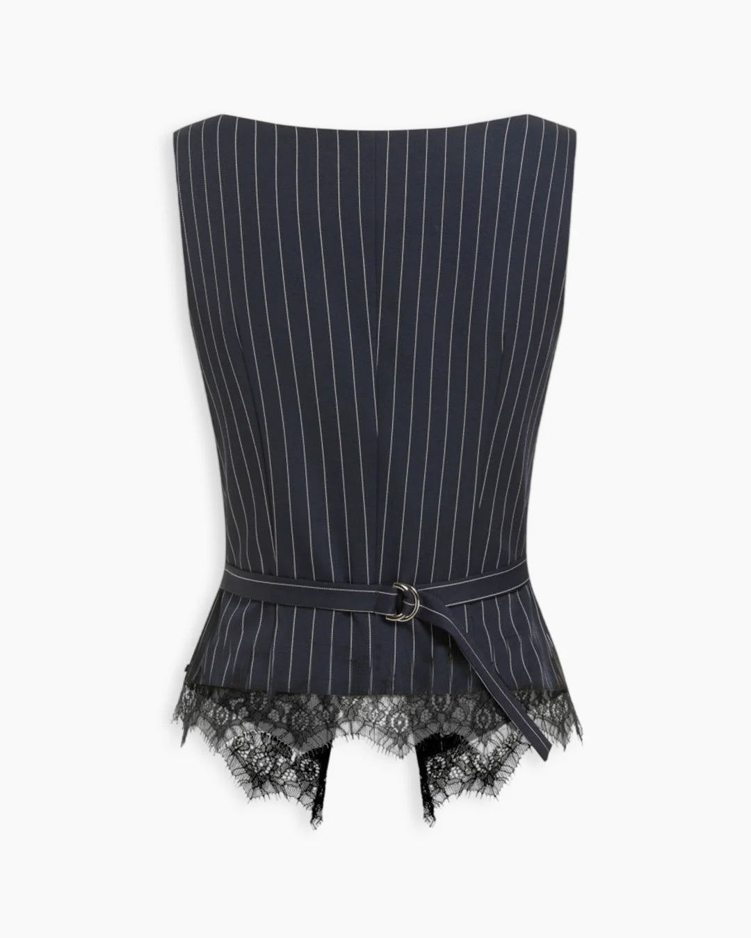 Button Down Pinstripe Lace Hem Vest Top in Jet Black